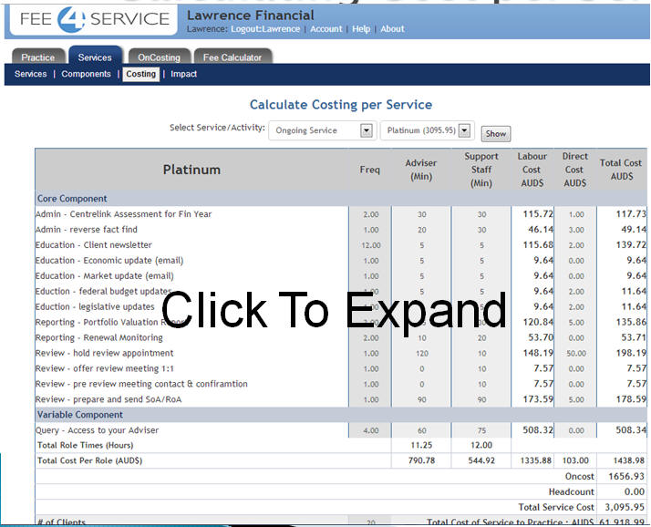 Fee4Service Costing Page